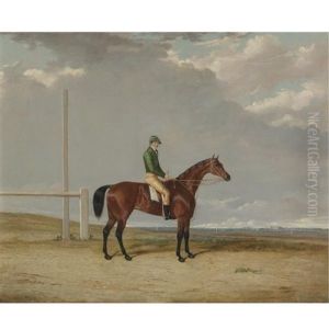 A Bay Racehorse Lady Fane With Jockey Up On A Racecourse by Thomas W. Bretland
