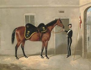 The Charger Of Henry Cavendish Taylor, 17th Lancers, Held By A Trooper Outside The Officers' Stables At Nottingham