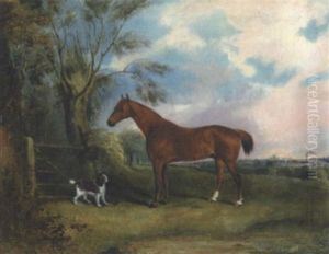 Chestnut And Spaniel Paused Beside A Gate Within A Landscape by Thomas W. Bretland