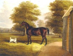 A Bay Hunter And A Terrier By A Stable