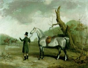 A Dappled Grey Held By A Huntsman With Huntsmen And Hounds Beyond, In A Landscape by Thomas W. Bretland