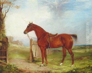 A Saddled Chestnut Hunter In An Extensive Landscape With A Hunt Beyond by Thomas W. Bretland