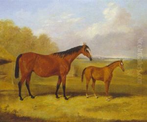A Bay Mare With A Chestnut Foal In An Extensive Landscape by Thomas W. Bretland