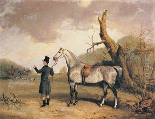A Gentleman With A Grey Hunter In A Landscape, A Hunt Beyond - view 1