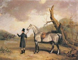 A Gentleman With A Grey Hunter In A Landscape, A Hunt Beyond by Thomas W. Bretland