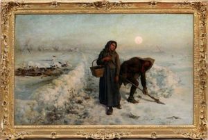 Winter Moonlit Scene With Figures by Jules Breton