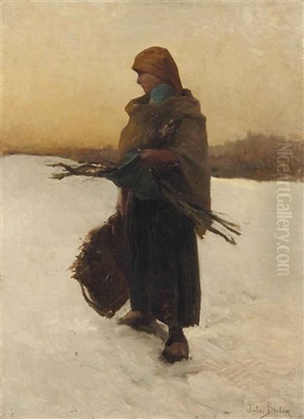 Ramasseuse De Fagots Et Son Enfant Dans La Neige - view 1