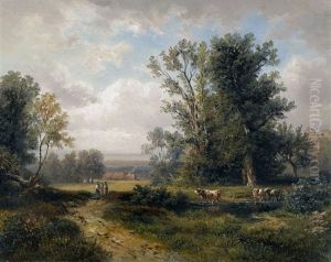 Sommerliche Landschaft Mit Bauerinnen Und Kuhen