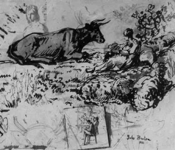 Femme Avec Une Vache Et Moutons - view 1