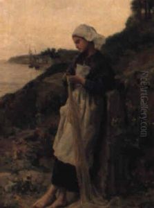 Jeune Bretonne Raccomodant Un Filet by Jules Breton