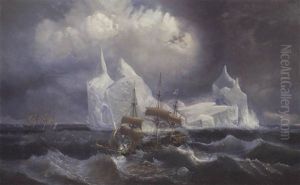 The "astrolabe" And "zelee" In A Swell In The Antarctic by Louis Le Breton