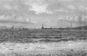 Rocky Coastline With Lighthouse And Ships by John Brett