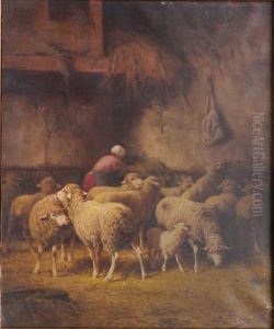 Barn Interior With Sheep And Shepherdess by Max Breu
