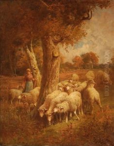 A Shepherdess With Sheep In A Forest Cleaning by Max Breu