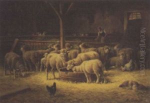 Sheep And Chickens In A Stable by Max Breu
