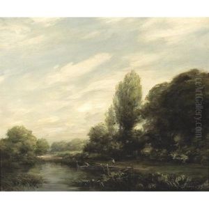 Two Men In A Boat On A River In A Lush Landscape by Henry Joseph Breuer