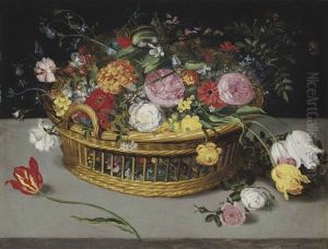 Roses, Tulips, Bluebells And Carnations In A Wicker Basket On A Stone Ledge by Jan Breughel II