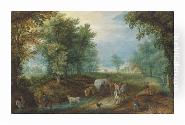 Travellers And Carts On A Road In A Wooded Landscape - view 1