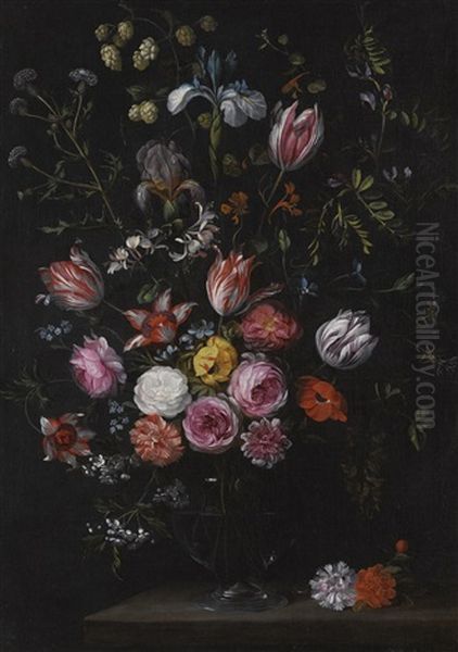 Still Life Of Tulips, Roses, Carnations, Irises And Other Flowers, In A Glass Vase On A Stone Ledge - view 1