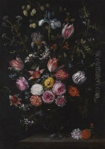 Still Life Of Tulips, Roses, Carnations, Irises And Other Flowers, In A Glass Vase On A Stone Ledge by Jan Breughel II