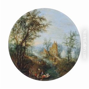 A Wooded River Landscape With Travellers Loading A Boat Near A Bridge And Figures On A Path, A Village Beyond by Jan Breughel II