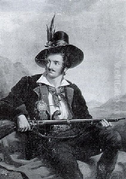 A Seated Sportsman Holding A Rifle In A Mountainous Landscape - view 1
