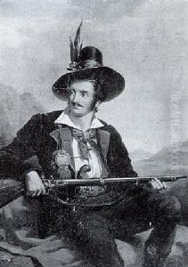 A Seated  Sportsman Holding A Rifle In A Mountainous Landscape
