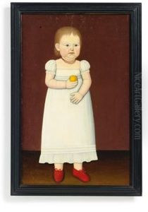 Full Length Portrait Of A Young Child In Red Shoes, White Dress And Holding A Peach by John Brewster Jr.