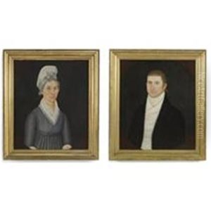 Portrait Of A Young Woman In A Gray Dress And White Cap (+ A Gentleman With High White Frock; Pair) by John Brewster Jr.