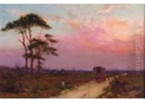 A Coach And Horses On A Heath, Possibly Blackheath With St Paul's Beyond, At Dusk by Edward Frederick Brewtnall