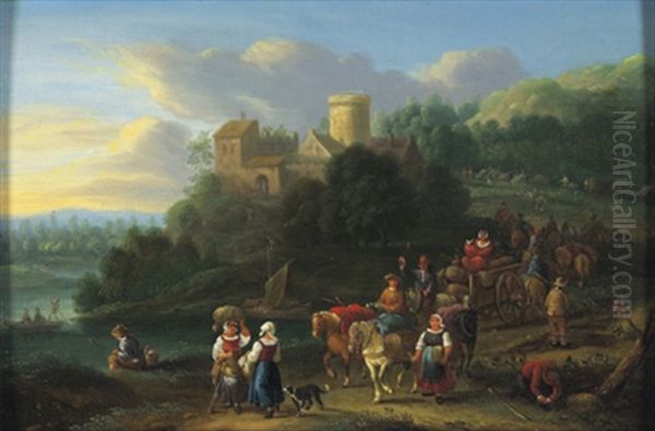 Bewaldete Landschaft Mit Einem Schloss Und Reisenden - view 1