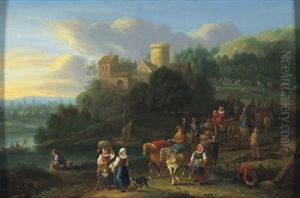 Bewaldete Landschaft Mit Einem Schloss Und Reisenden Bewaldete Landschaft Mit Einem Schloss Und Reisenden
