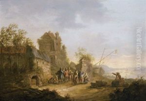 Sommerliche Flusslandschaft Mit Figuren Vor Einem Gehoft Sommerliche Flusslandschaft Mit Figuren Vor Einem Gehoft