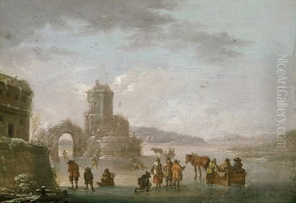 Winterlandschaft Mit Einem Pferdeschlitten Und Schlittschuhlaufern - view 1