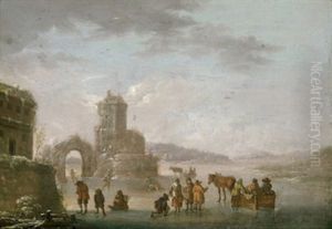 Winterlandschaft Mit Einem Pferdeschlitten Und Schlittschuhlaufern Winterlandschaft Mit Einem Pferdeschlitten Und Schlittschuhlaufern