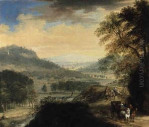 Landschaft Mit Blick Auf Ein Flustal, Rechts Reiter Und Ein Wagen Landschaft Mit Blick Auf Ein Flustal, Rechts Reiter Und Ein Wagen