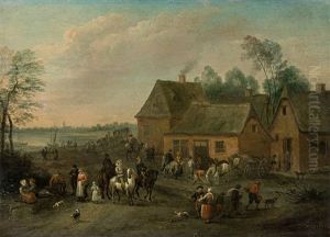 Village Scene On A River Bank by Karel Breydel