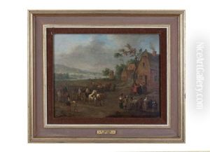 Dutch Village Scene With Figures, Wagons And Riders