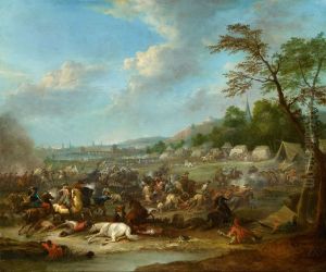 An Encampment And Cavalry Battle Before A Town