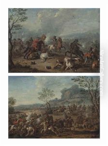 A Cavalry Skirmish In A Mountainous Landscape; And Cavalry On The Battlefield by Karel Breydel