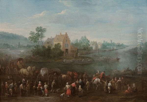 Eine Flusslandschaft Mit Dorfbewohnern Und Handlern Beim Verladen Ihrer Ware - view 1