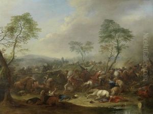 A Cavalry Skirmish In An Italianate Landscape by Karel Breydel