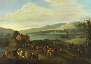 An Extensive River Landscape With Numerous Figures Outside An Inn