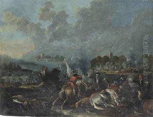 A River Landscape With A Cavalry Skirmish by Karel Breydel