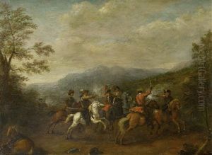 A Cavalry Skirmish With A Mountainous Landscape Beyond by Karel Breydel