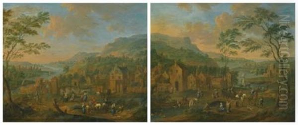 Two Scenes Of A Village On The Banks Of A River (pair) - view 1