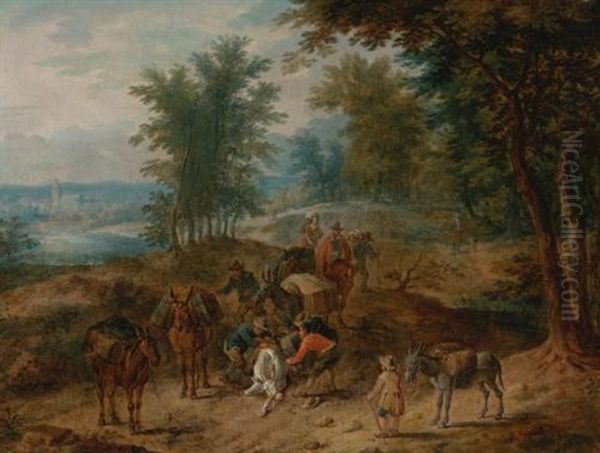 Travelers On A Wooded Path - view 1
