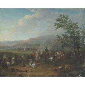 A Cavalry Skirmish In An Extensive River Landscape