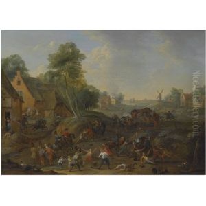 A Landscape With A Cavalry Skirmish And A Village Under Attack by Karel Breydel