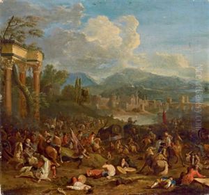 Reitergefecht In Einer Flusslandschaft Vor Antiken Ruinen by Karel Breydel
